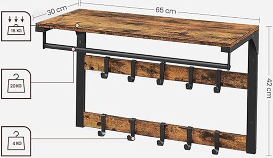 Wandkapstok van hout met metalen frame. 65cm breed, 42cm hoog. Met 8 haken en een staaf.