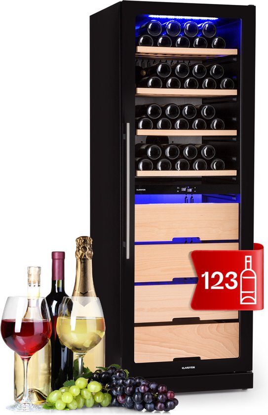 Klarstein Weinkühlschrank, Getränkekühlschrank Schmal, 2 Zonen Kühlschrank met Glastür, Getränkekühlschränke Freistehend, Weinkühlschrank Klein, Weinkühlschränke met UV Schutz, 5 18°C, 123 Flaschen – geschikt voor thuisfitness en sportschoolgebruik,