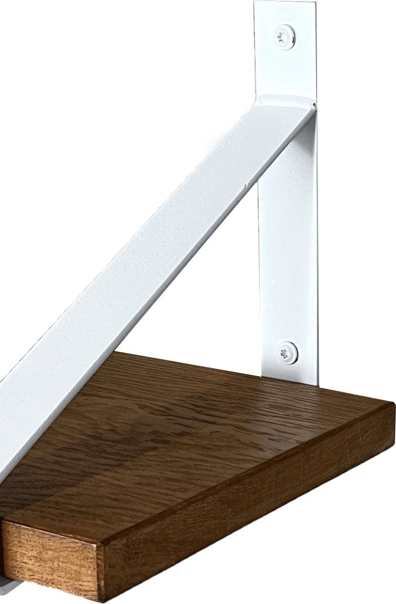 GoudmetHout Wandplank Industrieel - 180 x 25 cm Muurplank - Donker Eiken Hout - Decoratie Wandrek & Boekenrek - Hangplank Keuken - Wall Shelf + 2 Mat Witte Plankdragers van Staal Donker Eiken + Mat wit 25 cm