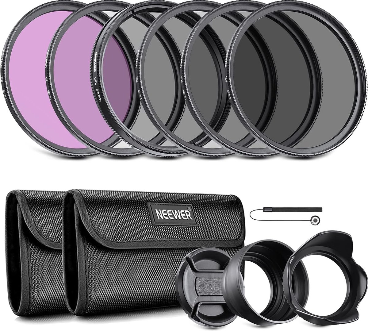 Neewer® - 82mm Lens Filter Set - UV, CPL, FLD, ND2, ND4, ND8 - Lenskap & Zonnekap - Geschikt voor Canon Nikon Sony Panasonic DSLR-camera's met 82mm lens
