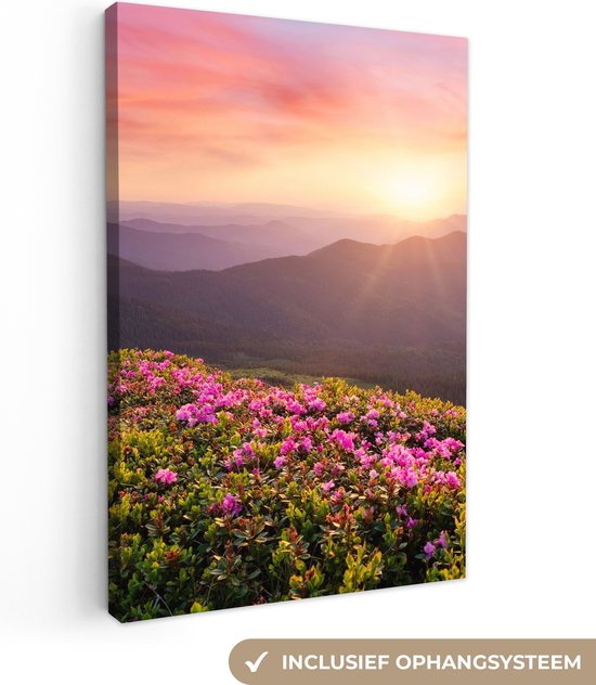 Canvas Schilderij Bloemen - Berg - Zonsondergang - Landschap - 20x30 cm - Wanddecoratie