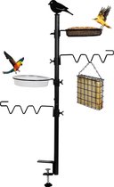 De Hangende Vogelvoeder en Vogelbad met een hoogte van 92 cm, 2-in-1 Metalen Balkonbeugel, Compleet Set inclusief Vogelbad en Voederplaat voor Meelwormen, Granen, Pinda's en Vogelbad [Zwart].