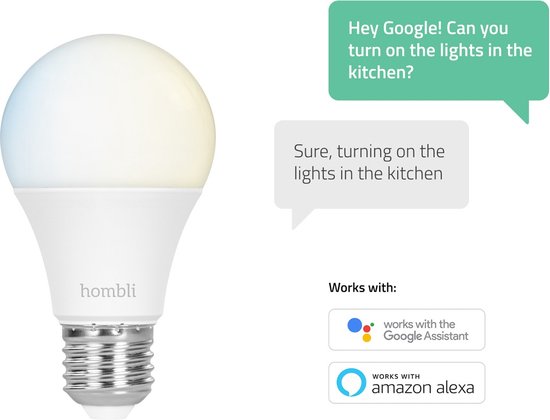 Homblì lamp met Google Assistant en Amazon Alexa compatibiliteit. "Hey Google! Can you turn on the lights in the kitchen?" "Sure, turning on the lights in the kitchen."