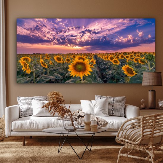 Toile - Peinture fleurs - Tournesol - Soleil - Nuages ​​- Soir - Décoration murale - Photo sur toile - Canvasdoek - 160x80 cm - Salon