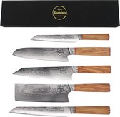 Sumisu Knives - Japanse messenset 5-delig - Wood collection - 100% damascus staal - Complete messenset - Geleverd in luxe geschenkdoos