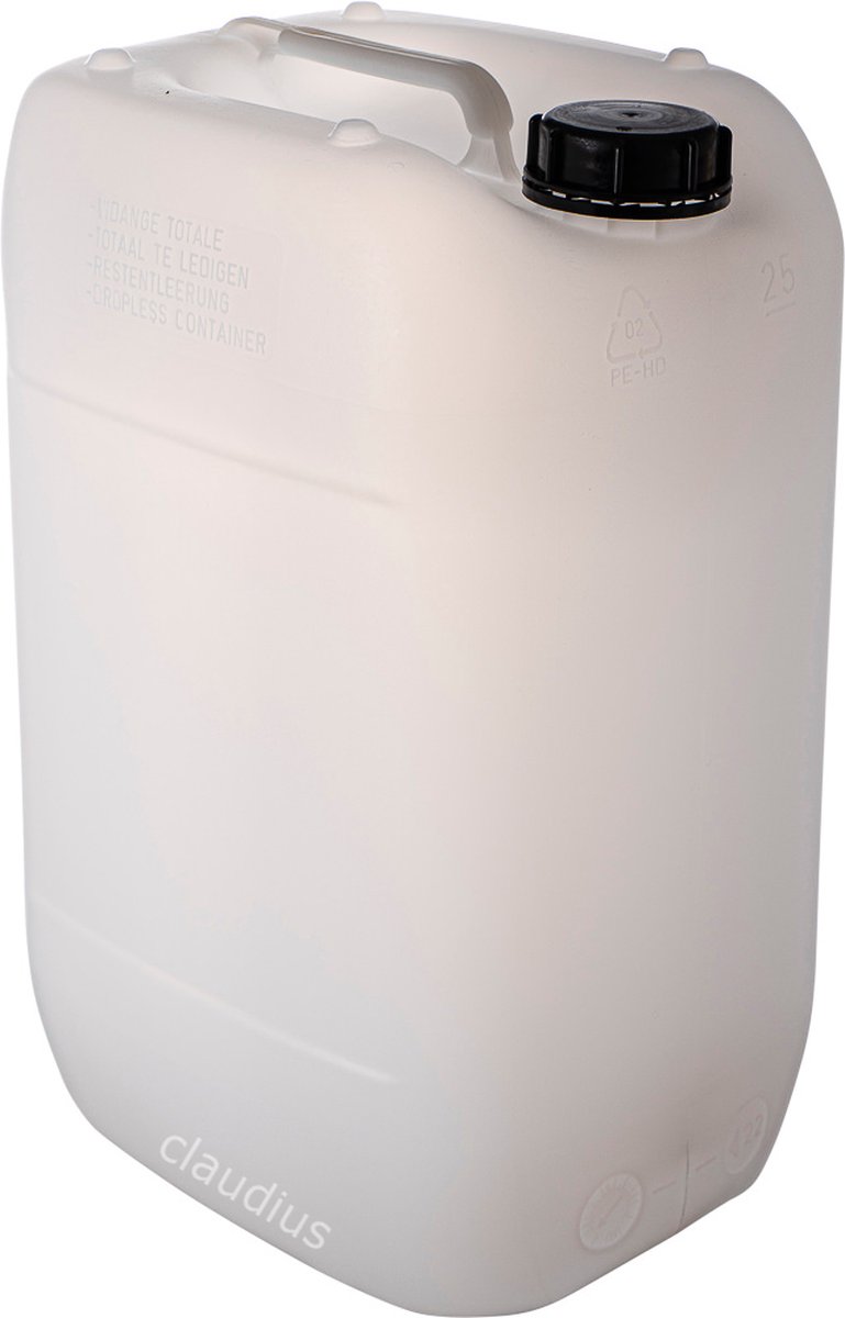 Jerrycan 25 Liter transparant | geschikt voor water | UN gekeurd | benzine | handig stapelbaar | food grade | inclusief dop | totaal te legen