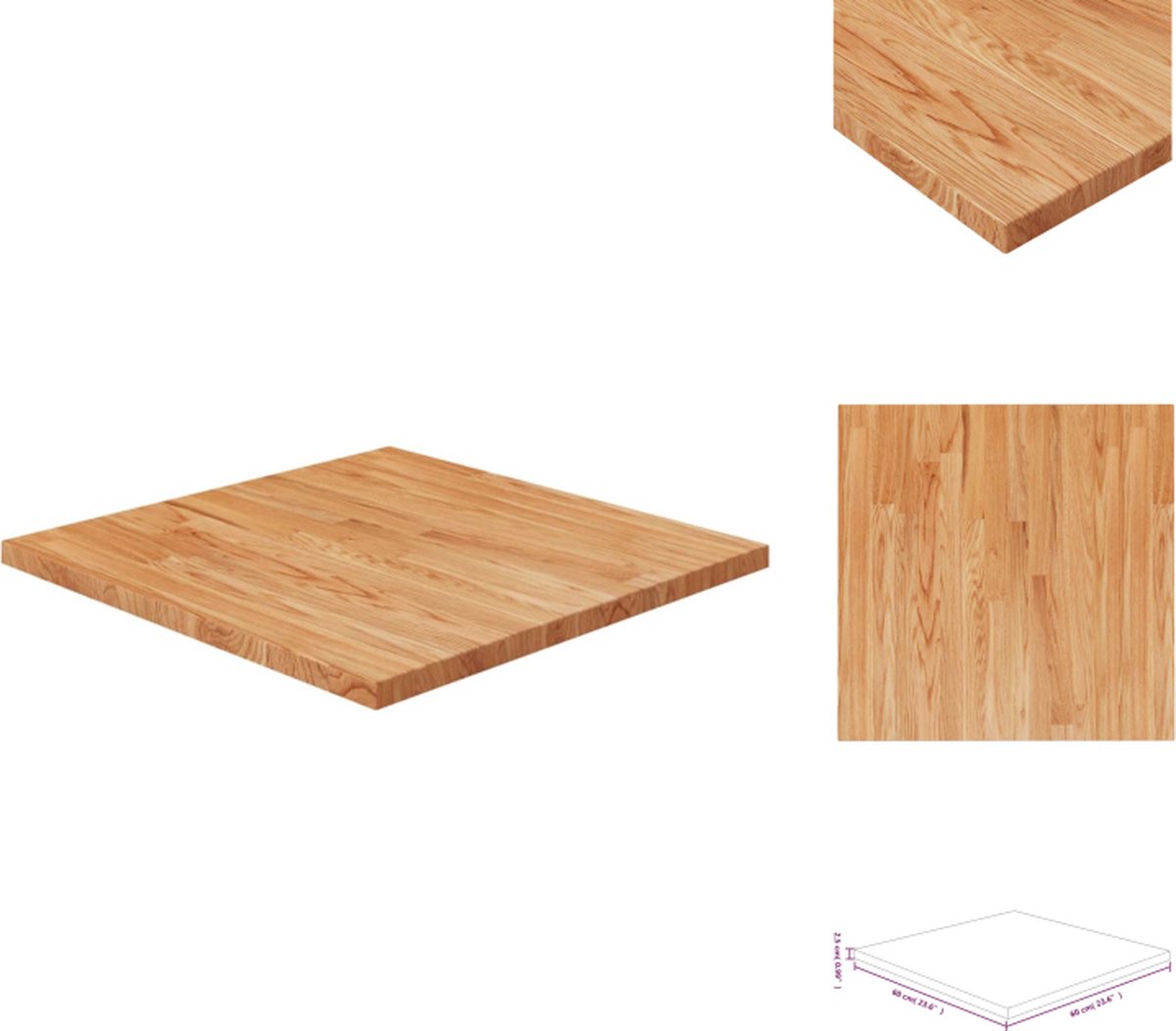 vidaXL Massief eikenhouten tafelblad, behandeld en gelakt, lichtbruin, vierkante vorm, voor meerdere meubeltypen, 50 x 50 x 1,5 cm, voor thuis en commercieel gebruik