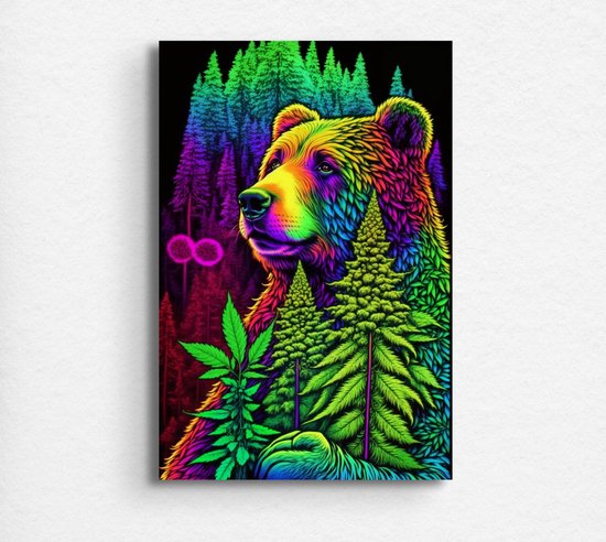psychedelic schilderij - Schilderij dieren - surrealisme schilderij - kleurrijk schilderij - beer schilderij - Schilderij beer - 50 x 70 cm Met baklijst