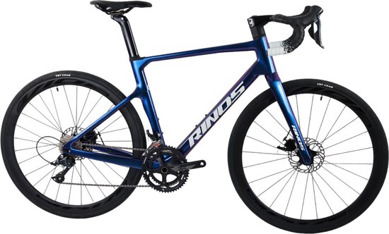 Racefiets met een kameleon blauw-paars frame, zwarte wielen en een Rinos logo.