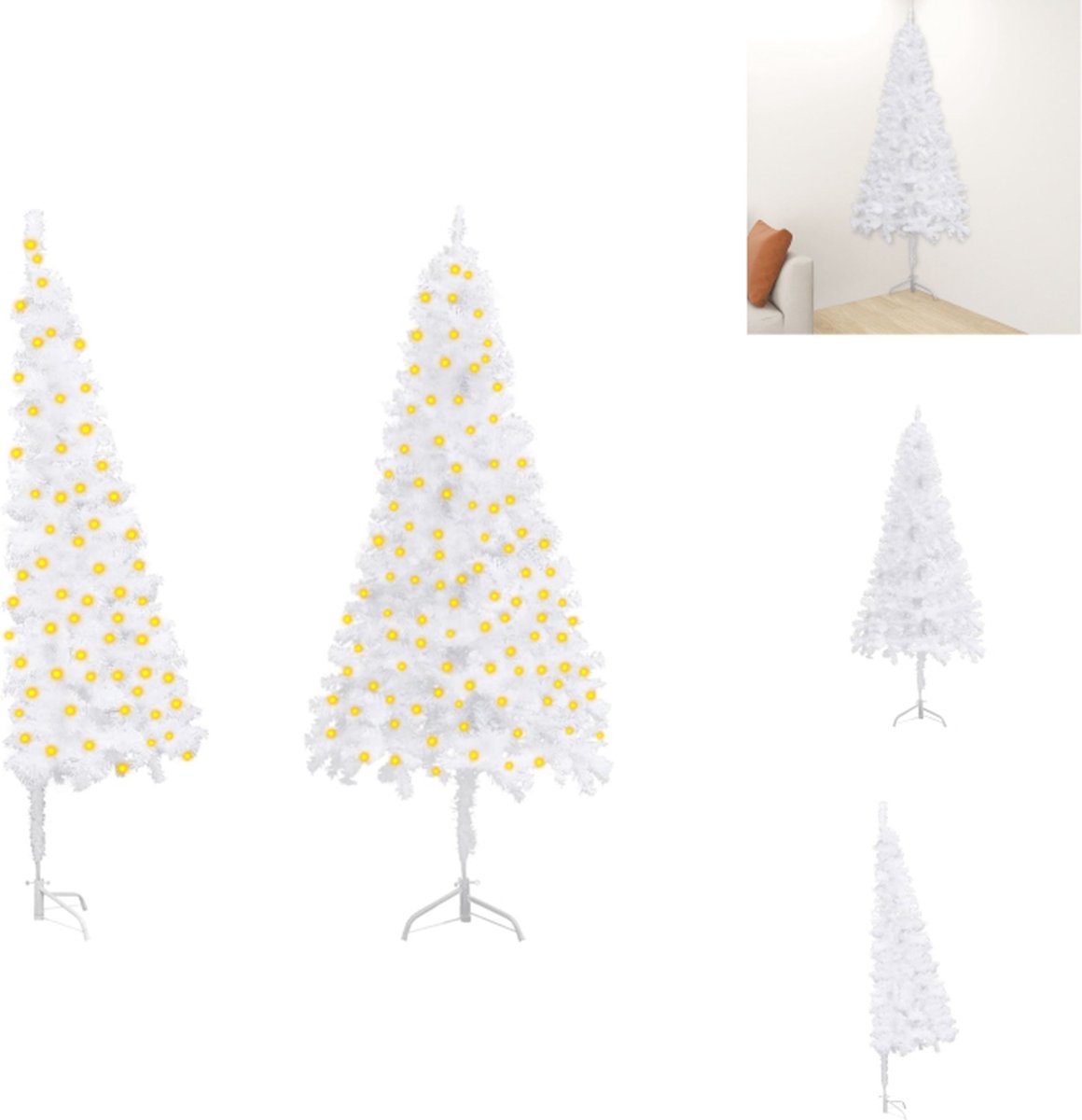 vidaXL Hoekkerstboom - PVC - 180 cm - LED-verlichting - Wit - Decoratieve kerstboom