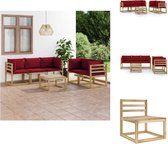 vidaXL Ensemble de salon palette - Bois de pin - 4 canapés d'angle - 1 canapé du milieu - 1 table - Coussins - Vin rouge - Ensemble de jardin