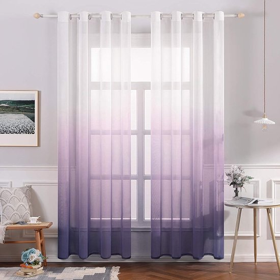 Set of 2 Transparent Curtains, Colour Gradient, Voile Sheer Curtains with Eyelets, Decorative Window Curtain for Bedroom and Living Room, 245 cm x 140 cm (H x W), White & Purple