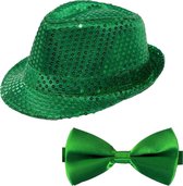 Carnaval verkleed set compleet - hoedje en vlinderstrikje - groen - heren/dames - glimmend - verkleedkleding