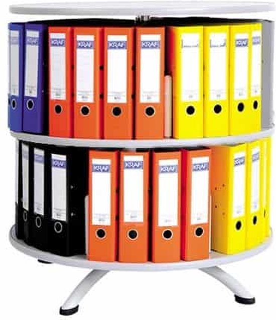 Draaibare archiefmolen met twee etages, gevuld met mappen in blauw, oranje, geel en zwart.