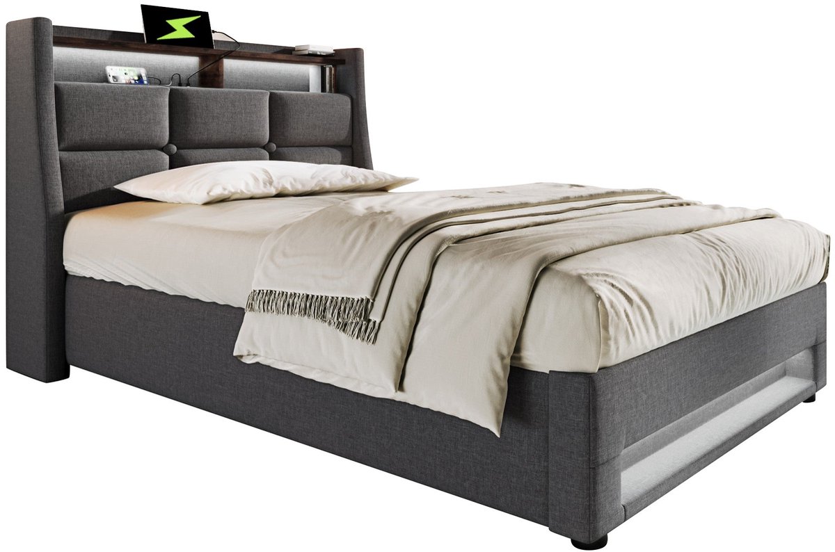 Merax Gestoffeerd Bed 90x200 cm met LED Verlichting en USB Oplaadfunctie - Houten Lattenbodem - Grijs - Bedframe voor Tienerkamer of Logeerkamer