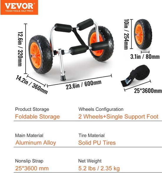 RM Store® - Chariot pliable pour canoë - Chariot pour kayak - Planches à pagaie - Toutes surfaces - Support - 60 x 36 x 32 cm.