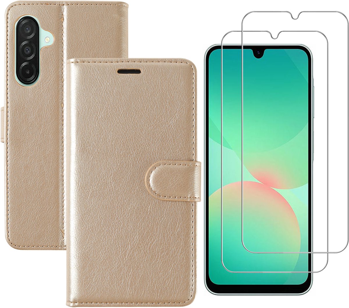 Hoesje geschikt voor Samsung Galaxy A26 bookcase Goud - Met screenprotector tempered glass Galaxy A26 - 2x