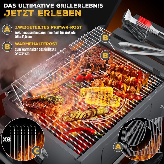 KESSER® Houtskoolbarbecue XL Barbeque Houtskool met Deksel, Wielen, Afdekkap, Roestvrij Stalen Handvat, Barbecuerooster en Thermometer, 8 Spiesen met Zakje & siliconen Borstel, grote BBQ Camping Terras Tuin van Merkloos — afbeelding 2