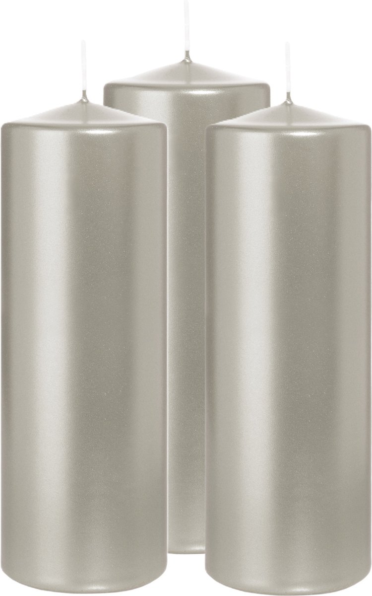 Wiedemann Cilinderkaars/stompkaars - 3x - metallic zilver - 20 x 7 cm - 103 branduren - zuilkaarsen