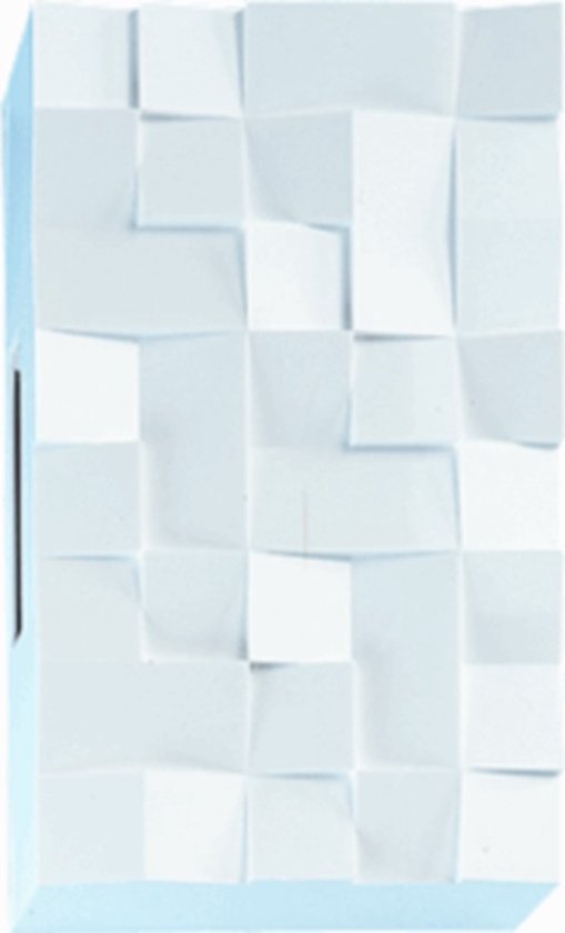 Witte deurbel met een 3D-reliëf van vierkante en rechthoekige panelen, met een lichte blauwe gloed aan de zijkant.