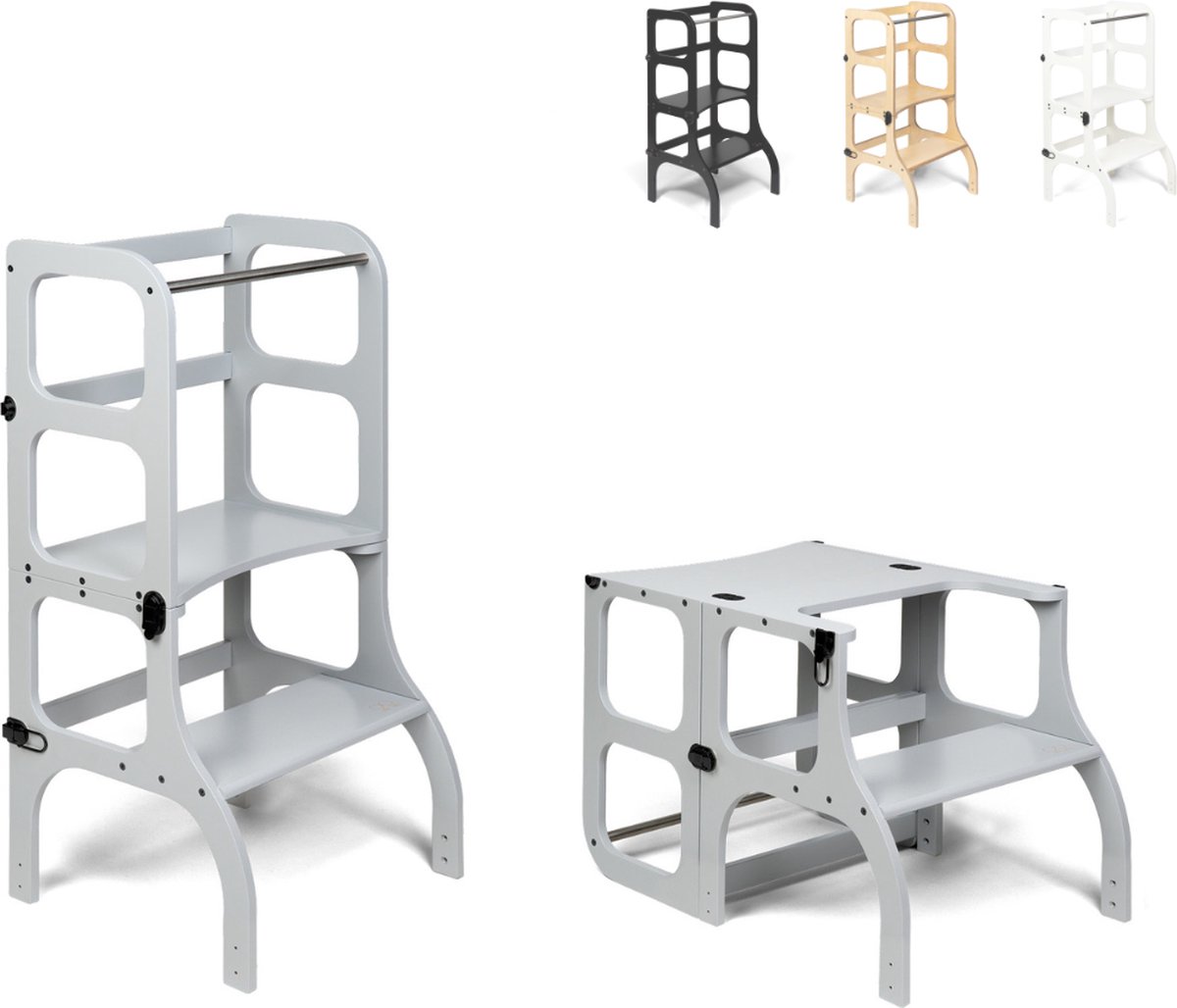Ette Tete Step 'n Sit - Leertoren - Grijs met zwarte clips - Inklapbaar tot tafel en stoel - Learning Tower - Montessori inspired - Keukentrap - Keukenhulp - Leerstoel - Veilig -Duurzaam