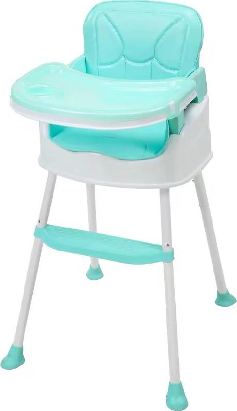 Turquoise kinderstoel met witte poten en dienblad.