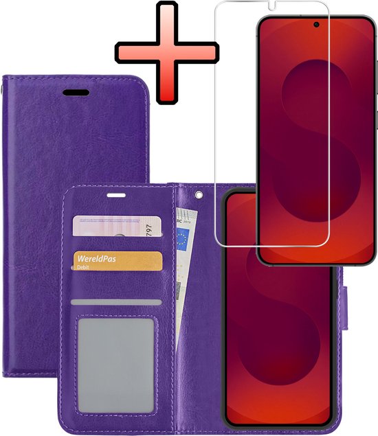 Hoes Geschikt voor Samsung S25 Plus Hoesje Book Case Hoes Flip Cover Wallet Bookcase Met Screenprotector - Paars