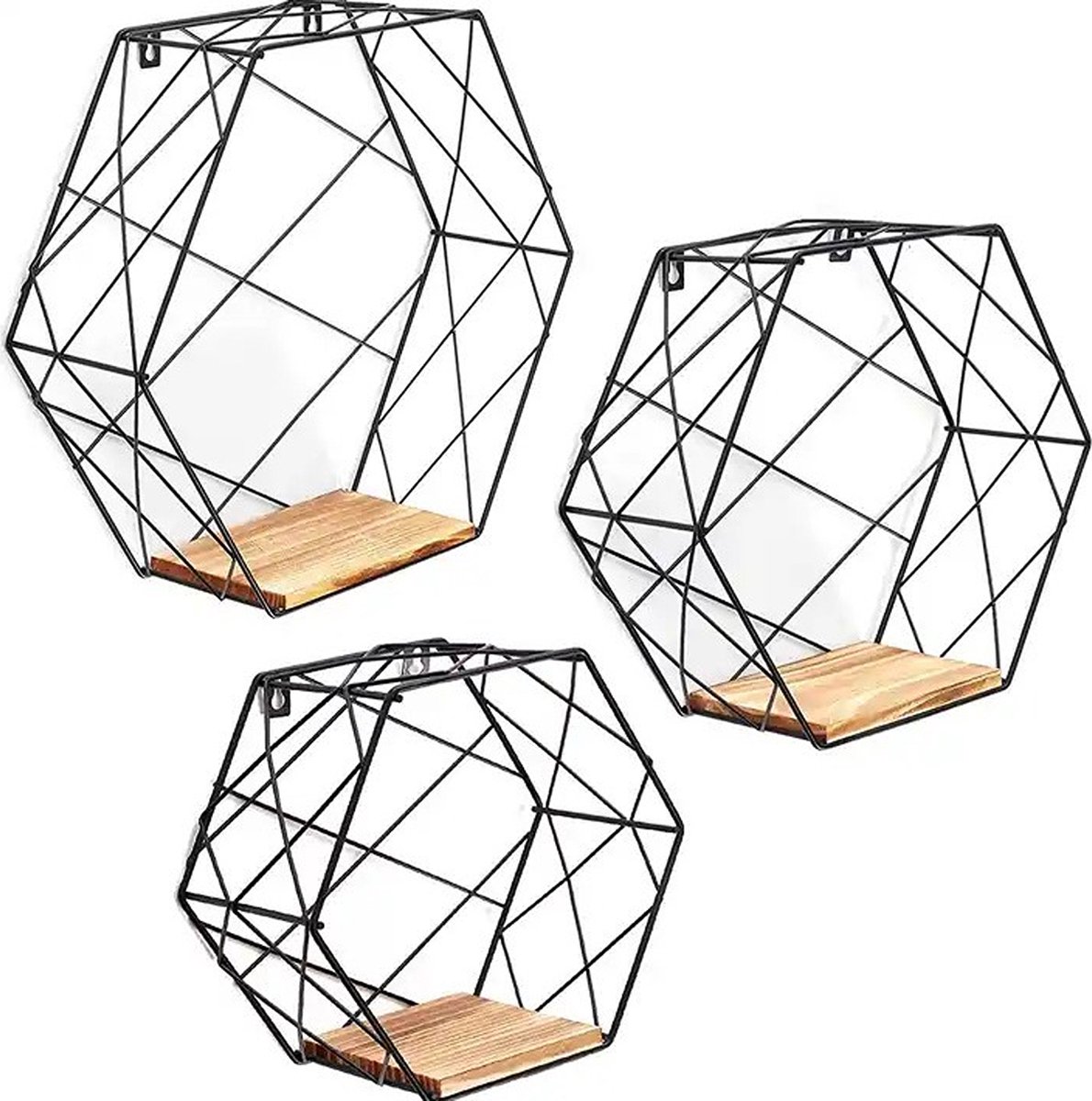 Caryota Wandrek Set van 3 - Wanddecoratie - Zeshoekig - Metaal - Groot, Middel en Klein - Zwart