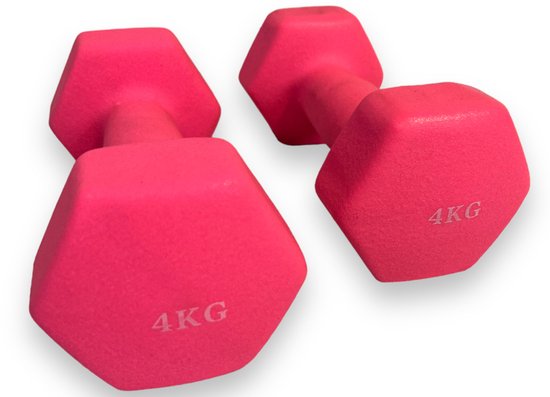 Deux haltères fuchsia de 4 kg avec des extrémités hexagonales.