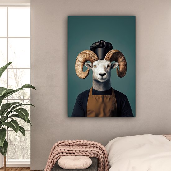 Tableau sur toile 80x120 cm - Décoration murale Chèvre - Cornes - Vêtements de chef - Décoration murale murale salon - Décoration chambre - Accessoires chambre - Peintures sur toile