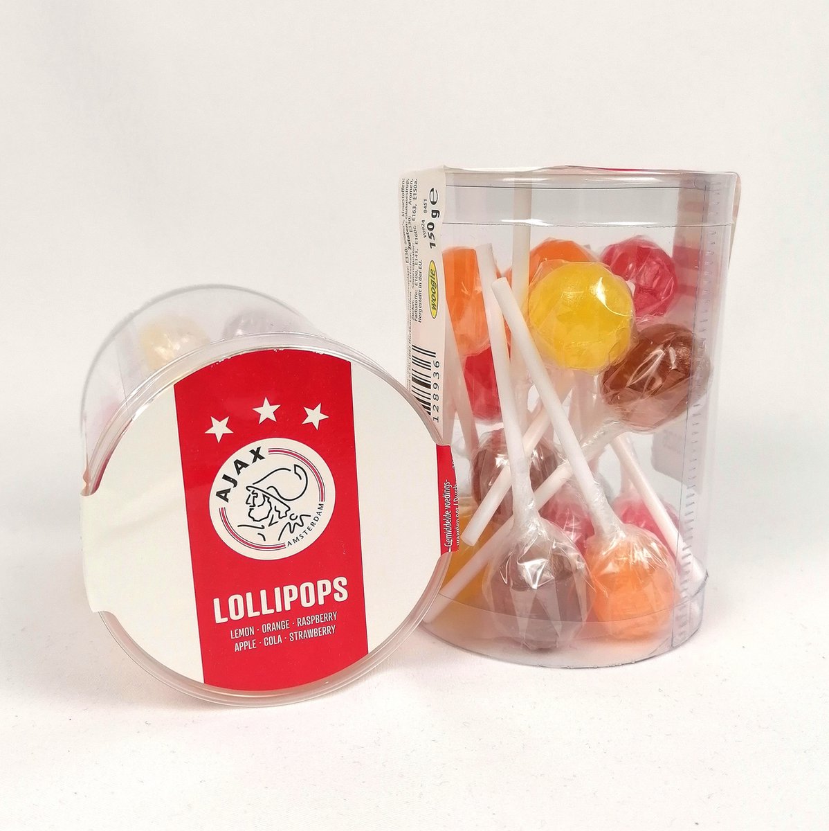Ajax Amsterdam - lolly's - lollipops -voetbal - doos 18 kokers/verpakkingen x 150 gram - diverse smaken - Ajax voetbal