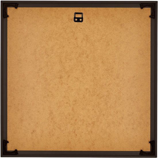 Achterkant van een antracietkleurige fotolijst met ophangsysteem en beschermhoeken.
