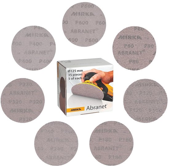 Disque abrasif Mirka Abranet Net Ø 125 mm Velcro / Mix-pack 5 pièces de chaque grain 80, 120, 180, 240, 320, 400, 600 / 35 pièces / Pour toutes les ponceuses et ponceuses excentriques électriques de 125 mm