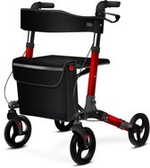 ELONEO Lichtgewicht Rollator met Zitje - Opvouwbare Aluminium Rollator voor Senioren, 8 Verstelbare Hoogtes, 3-voudig Opvouwbaar Loophulpmiddel met Tas & Parapluhouder, Past in Auto (Rood)