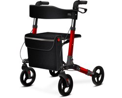 ELONEO Lichtgewicht Rollator met Zitje - Opvouwbare Aluminium Rollator voor Senioren, 8 Verstelbare Hoogtes, 3-voudig Opvouwbaar Loophulpmiddel met Tas & Parapluhouder, Past in Auto (Rood)