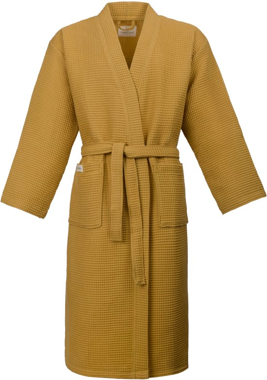 L&G - Unisex Sauna Badjas - 100% Katoen Wafel Badjas - M - Geel - Katoen wafel - Kimono - Wafel Badjas dames - Wafel Badjas heren - Badjas dames en heren