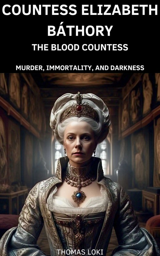 Couverture de livre : Elizabeth Báthory, la Comtesse de Sang, avec le texte 'Countess Elizabeth Báthory', 'The Blood Countess', 'Murder, Immortality, and Darkness' et 'Thomas Loki'.