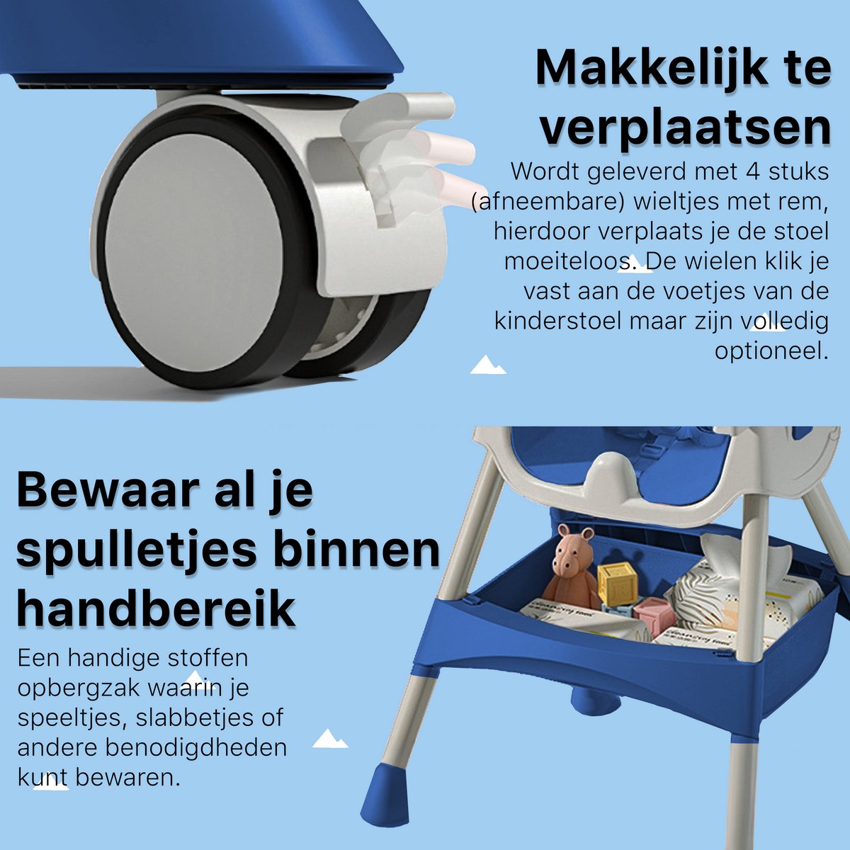 Phreeze Kinderstoel - Inklapbaar - Meegroeistoel 6 t/m 72 maanden - Afneembare Wielen - Eetstoel Baby & Peuter - Ook als Loopstoel, Wipstoel, Babystoel aan tafel / voor eten / thuis - Blauw – foto 6