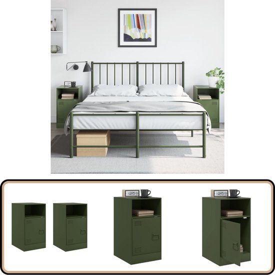 vidaXL Nachtkastjes - Staal - Olijfgroen - Set van 2 Nachtkastje - Slaapkamermeubel - Nachtlamp - Leeslicht - Staal Meubel