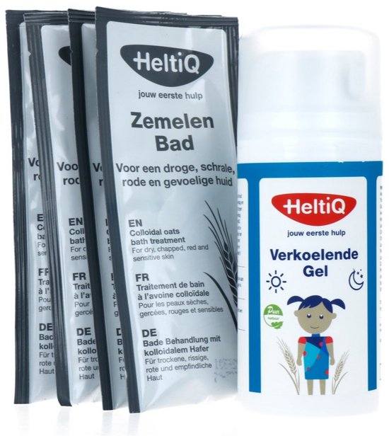 HeltiQ Verkoelende Gel met 4 sachets Zemelen Bad. Geschikt voor droge, schrale, rode en gevoelige huid.