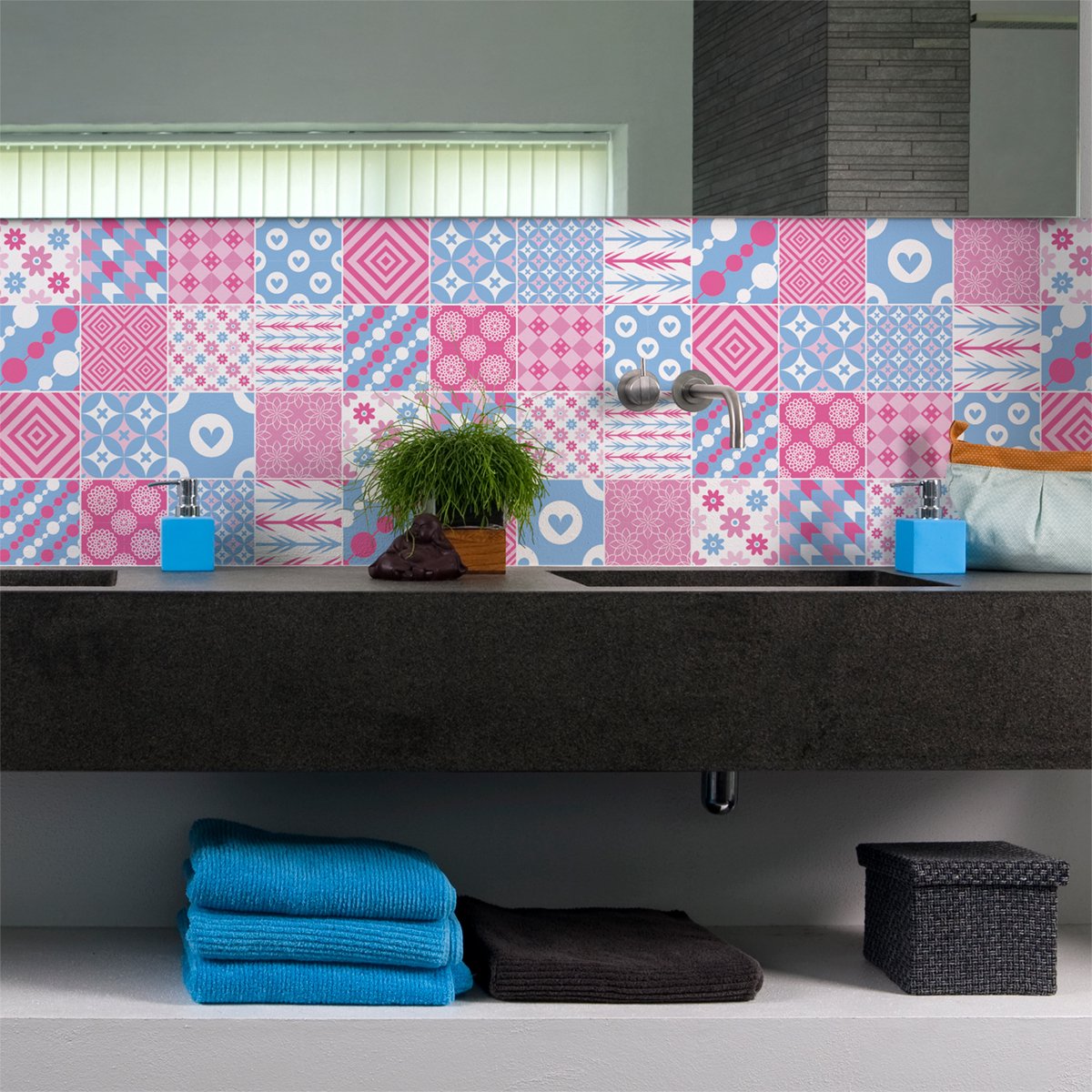Ambiance Sticker Muurstickers voor keuken en badkamer - 16 Scandinavische cementtegelstickers - 16 stickers van 15x15 cm Multi color