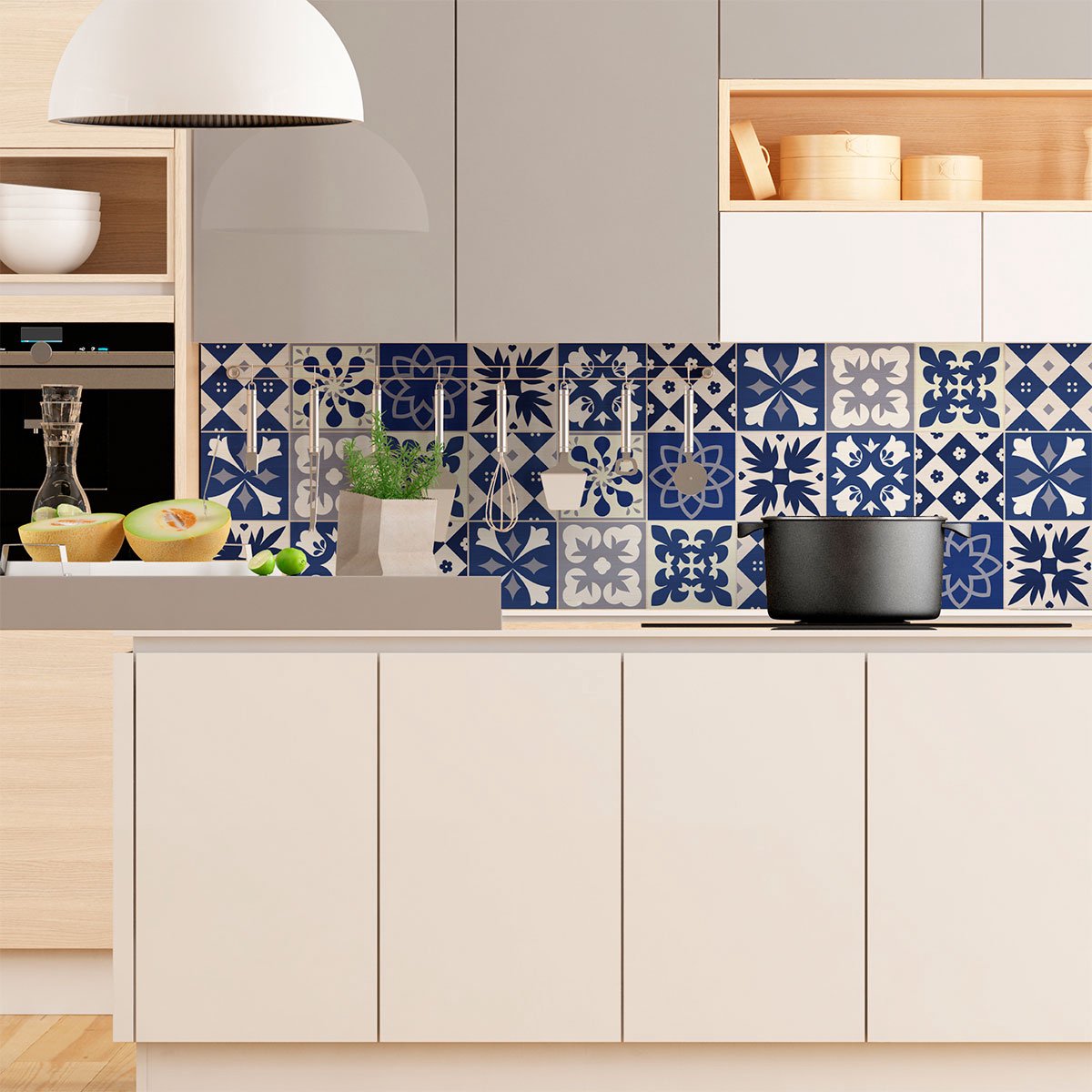 Ambiance Sticker Zelfklevende tegelmuurstickers voor keuken en badkamer - 9 cementtegelstickers (AZULEJOS LINIA) - 9 stickers 15x15cm Multi color