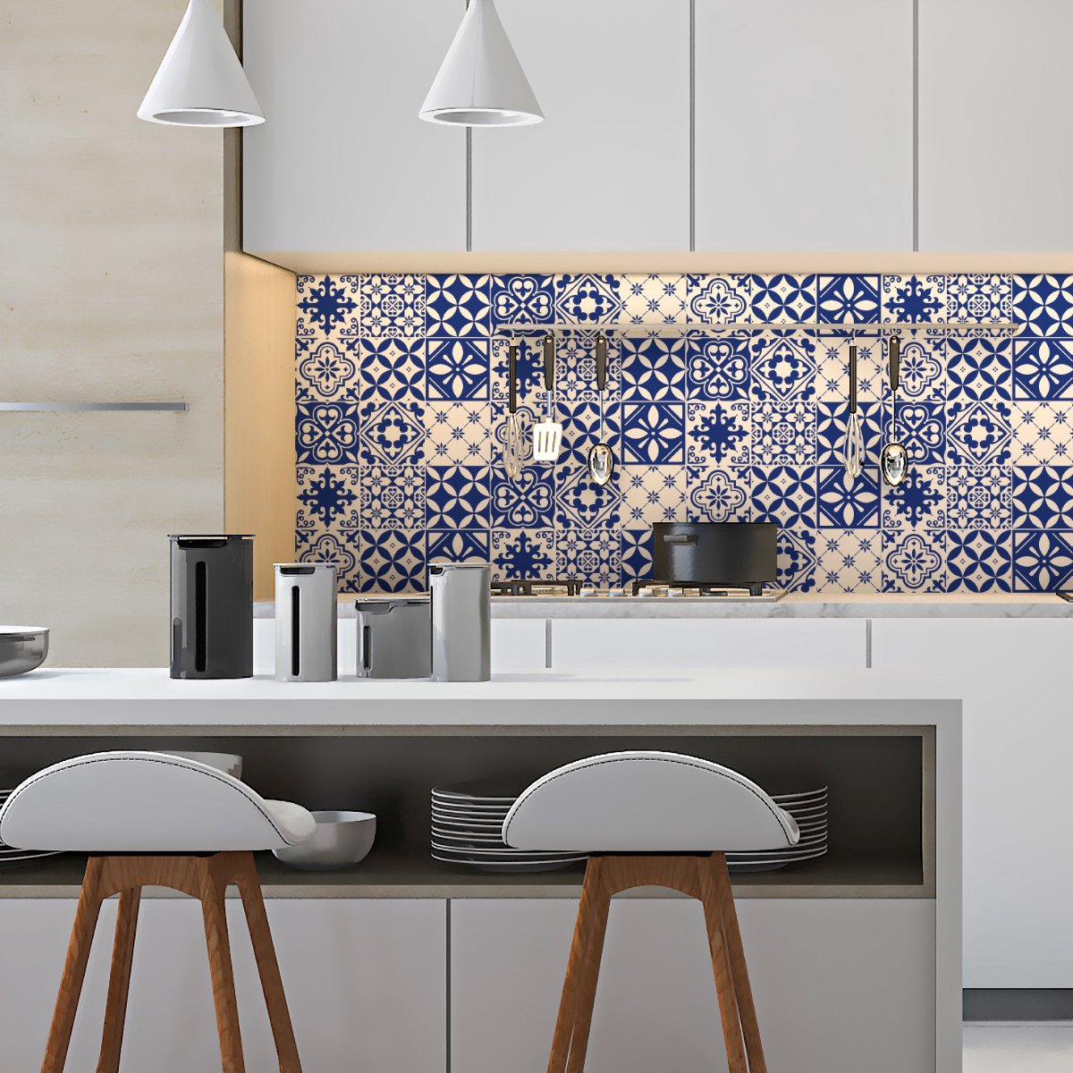 Ambiance Sticker Zelfklevende tegelmuurstickers voor keuken en badkamer - 9 Egyptisch blauwe Azulejo tegelstickers - 9 stickers 20x20cm Multi color