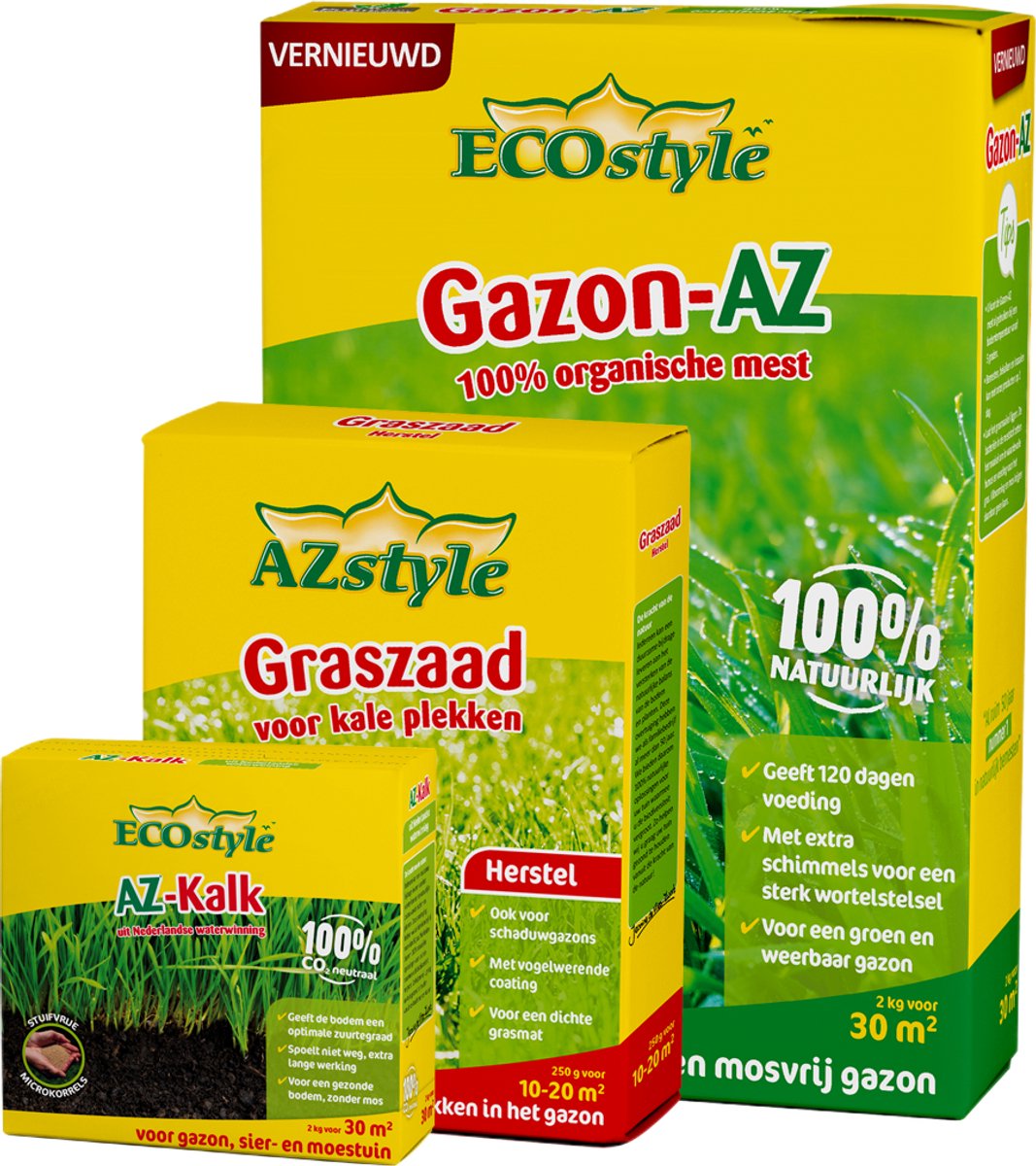 ECOstyle Gazon Onderhoud Bundel - Totaalpakket voor Gazon Bemesten, Bekalken en Kale Plekken Inzaaien- voor 35 m2