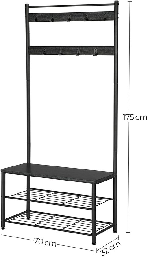Afmetingen van de zwarte staande kapstok: 175 cm hoog, 70 cm breed en 32 cm diep.
