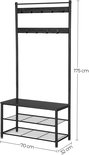 Afmetingen van de zwarte staande kapstok: 175 cm hoog, 70 cm breed en 32 cm diep.