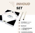 Onderdelen van een stapelkit: 4 frame-elementen, RVS buizen, spanband en installatiehandleiding.