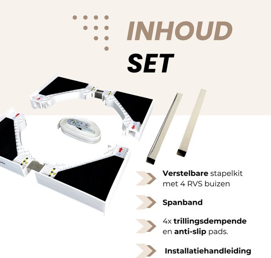 Onderdelen van een stapelkit: 4 frame-elementen, RVS buizen, spanband en installatiehandleiding.