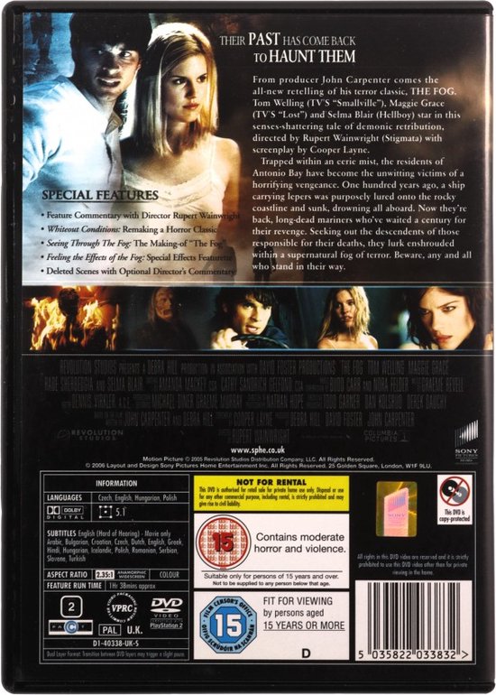 Achterkant DVD-hoes 'The Fog' met castfoto's, filminfo en speciale features. Bevat waarschuwingen over geweld en ongeschikt materiaal.