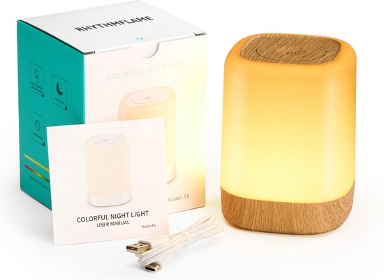 RHYTHMFLAME USB Oplaadbaar Nachtlampje - Warm Licht & RGB Kleuren - Timer - Nachtlampje voor de Slaapkamer - Sfeerlamp - LED verlichting - Leeslamp - Tafellamp - Bedlamp voor Baby, Kinderen & Volwassenen - Dimbaar - Touch Control - Houtnerf